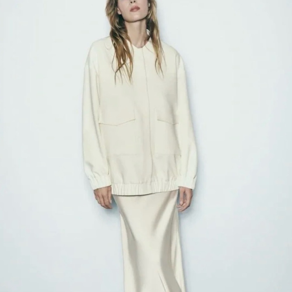 Zara Collarless Utility Jacket Ivory White Size M